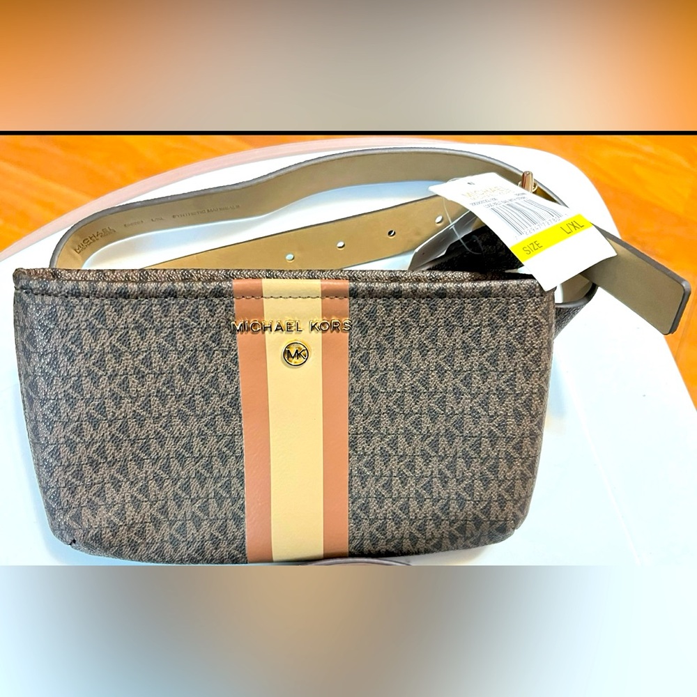 Michael Kors belt bag  Brown/Tan Striped Mk Jet Logo Women's Waist Pack